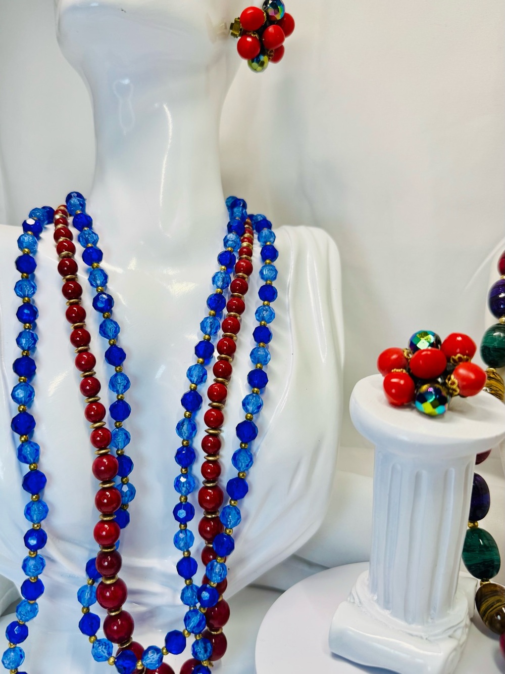 Blue and Red Beaded Layered Necklace Set with Earrings